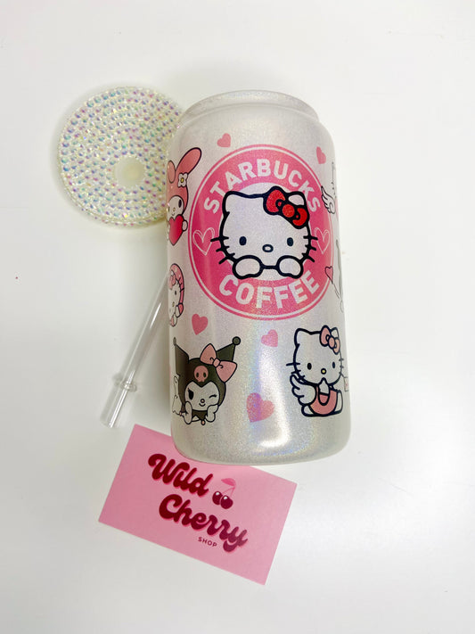 Valentine Kitty Shimmer Glass Can with Bling Lid - 16oz