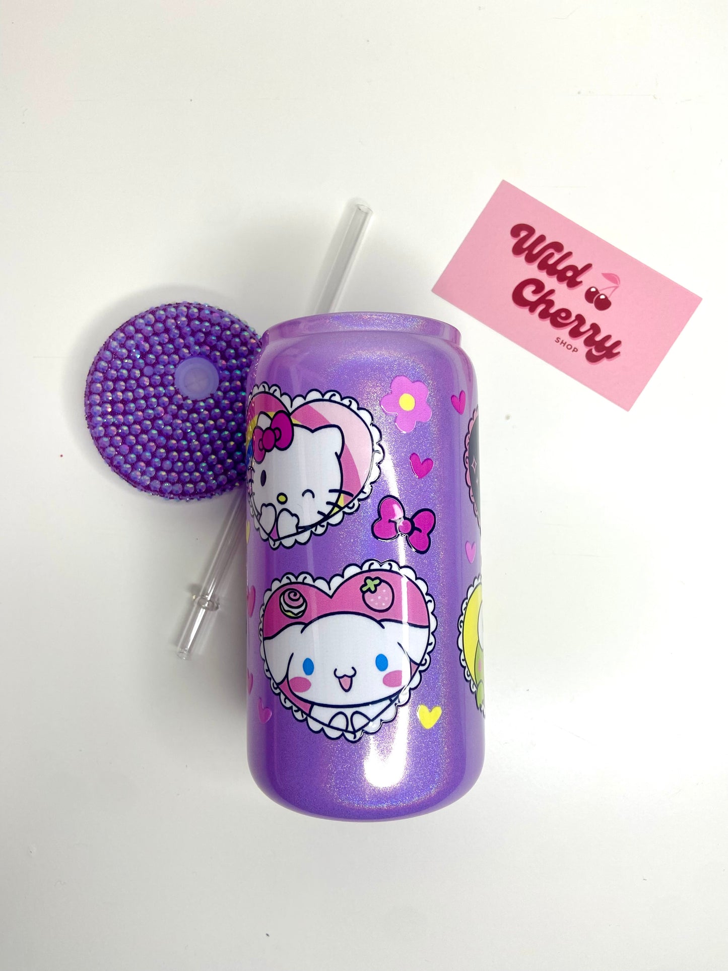 Purple Valentine Kitty Hearts Shimmer Glass Can with Bling Lid - 16oz
