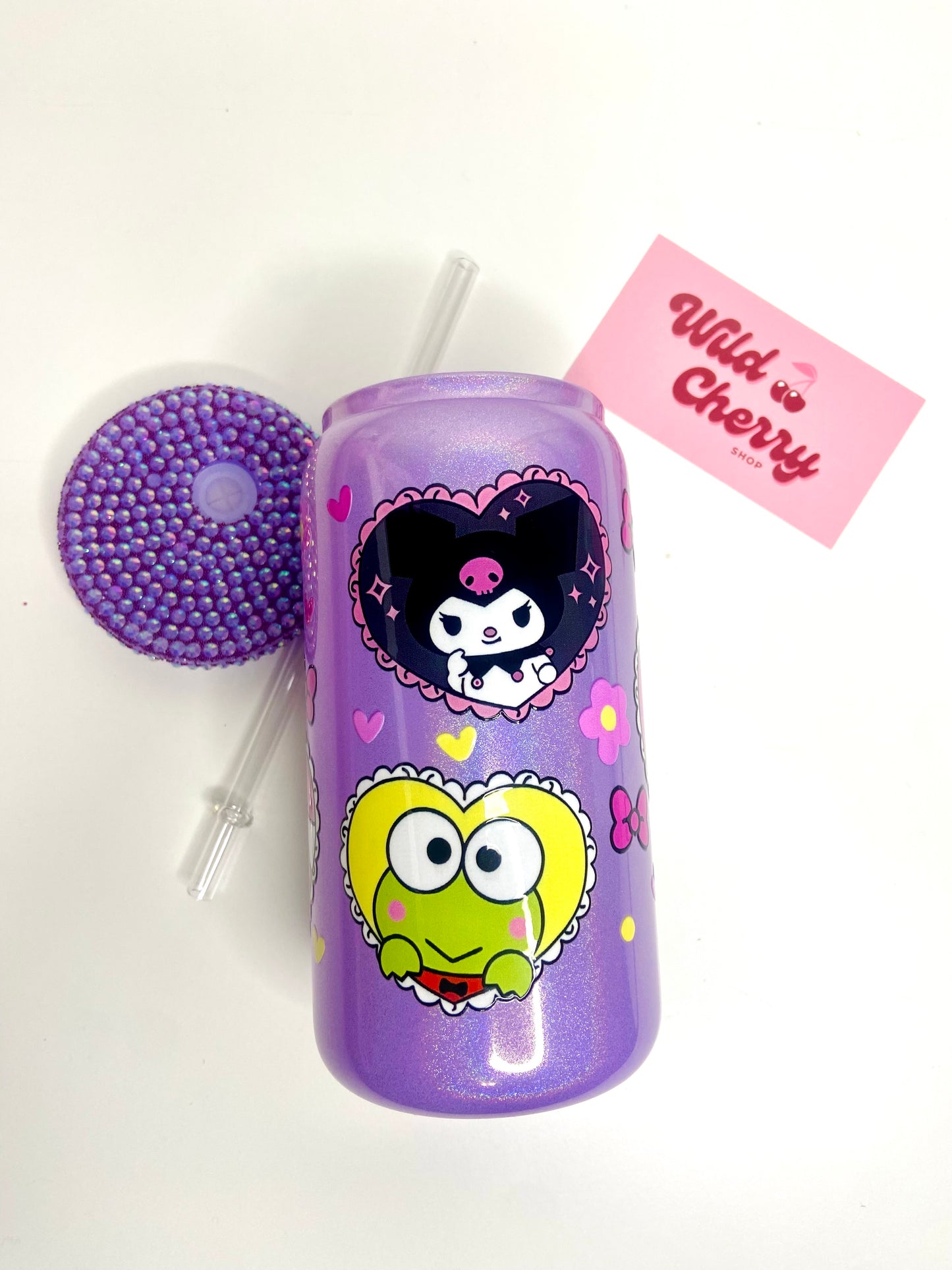 Purple Valentine Kitty Hearts Shimmer Glass Can with Bling Lid - 16oz