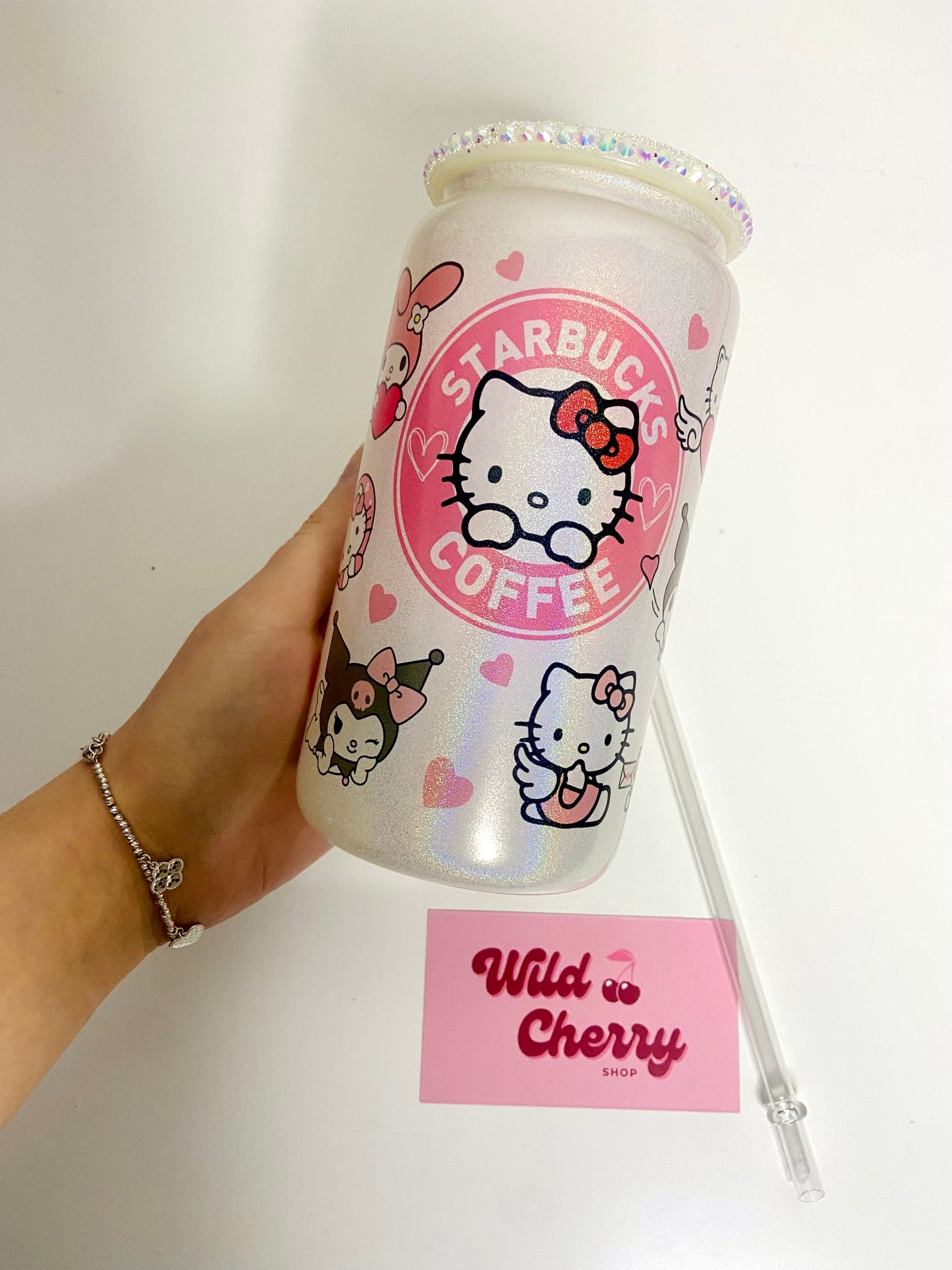 Kitty Cafe Shimmer Glass Can with Bling Lid - 16oz